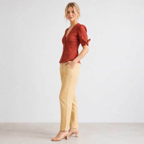 Rust Red Linen Puff Sleeve Button Top