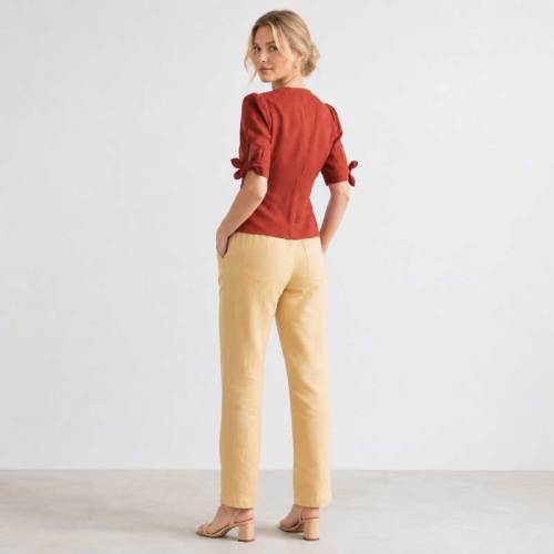 Rust Red Linen Puff Sleeve Button Top