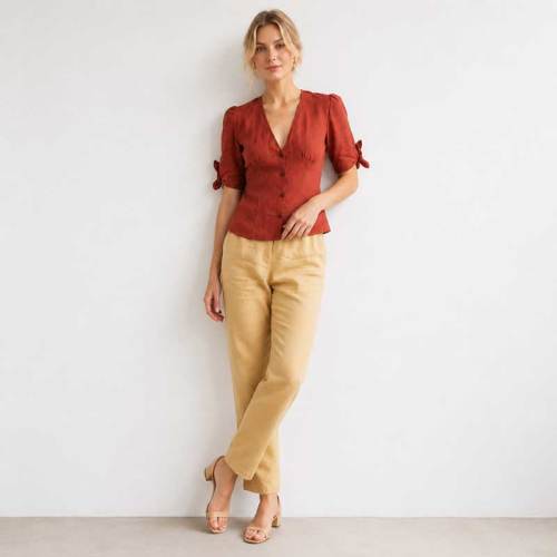 Rust Red Linen Puff Sleeve Button Top