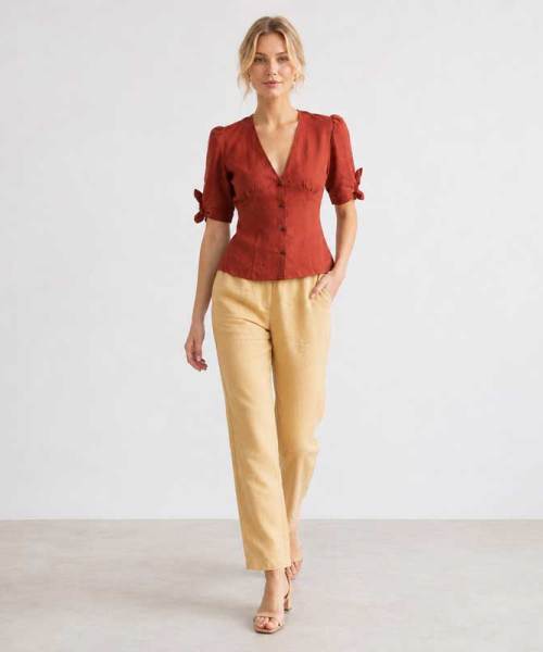 Rust Red Linen Puff Sleeve Button Top