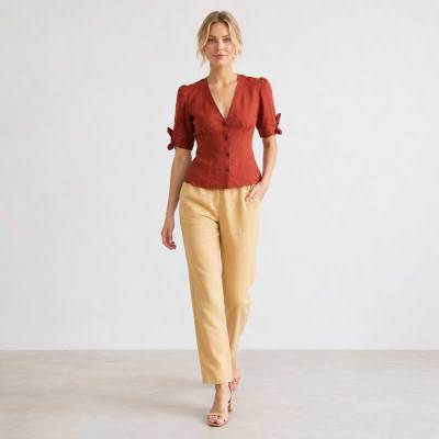 Rust Red Linen Puff Sleeve Button Top