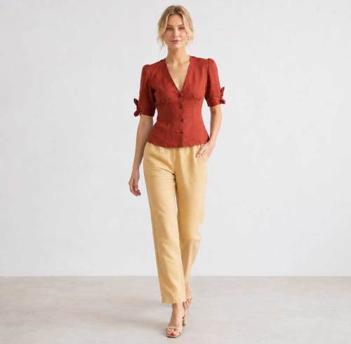 Rust Red Linen Puff Sleeve Button Top