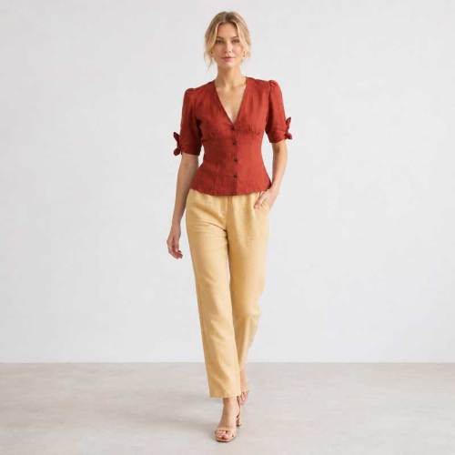 Rust Red Linen Puff Sleeve Button Top