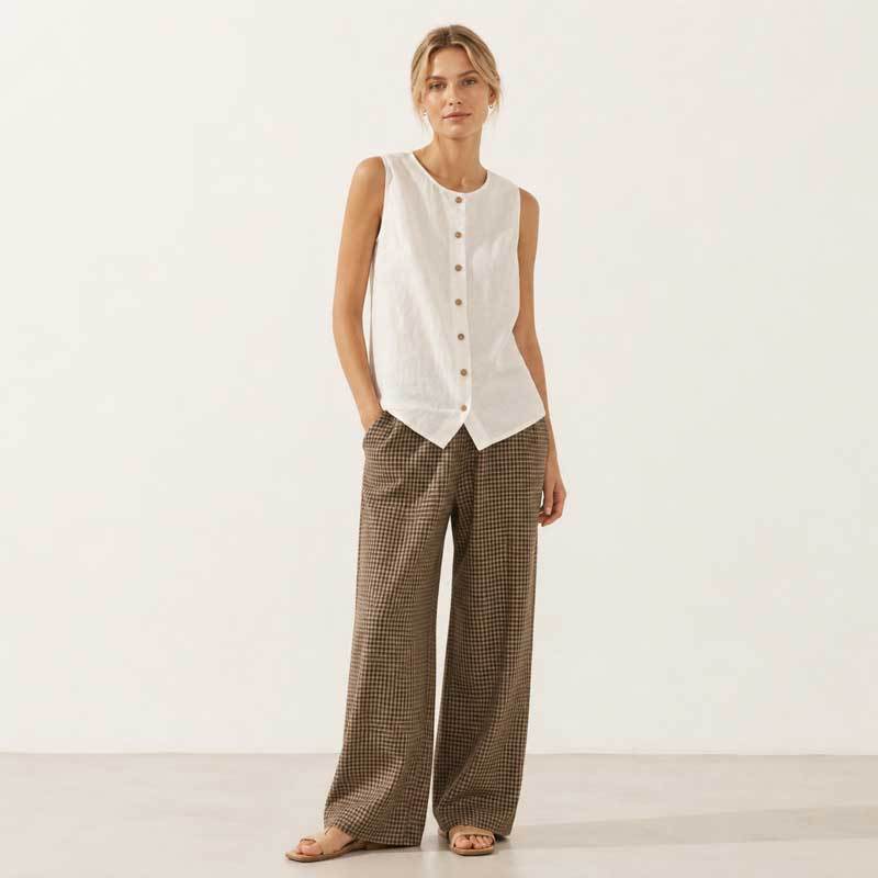 White Linen Button-Front Sleeveless Top