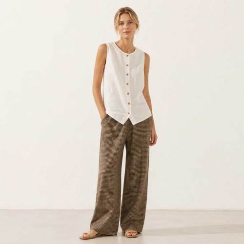 White Linen Button-Front Sleeveless Top