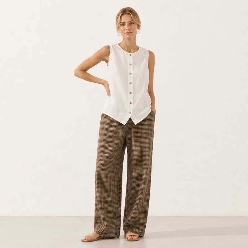 White Linen Button-Front Sleeveless Top