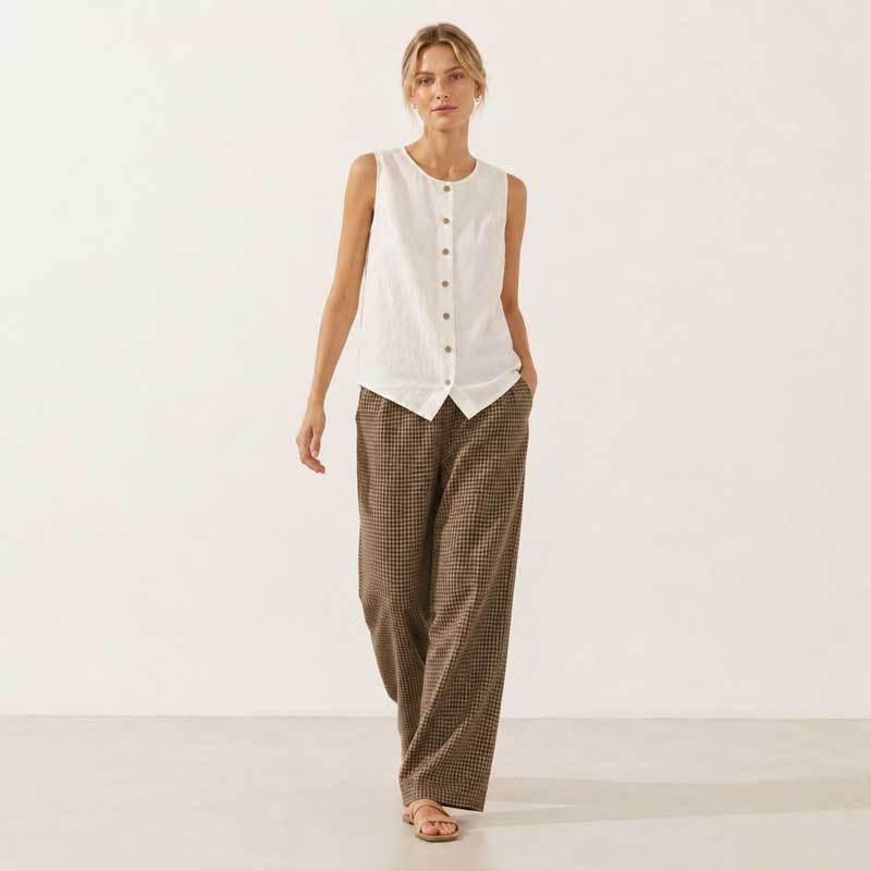 White Linen Button-Front Sleeveless Top