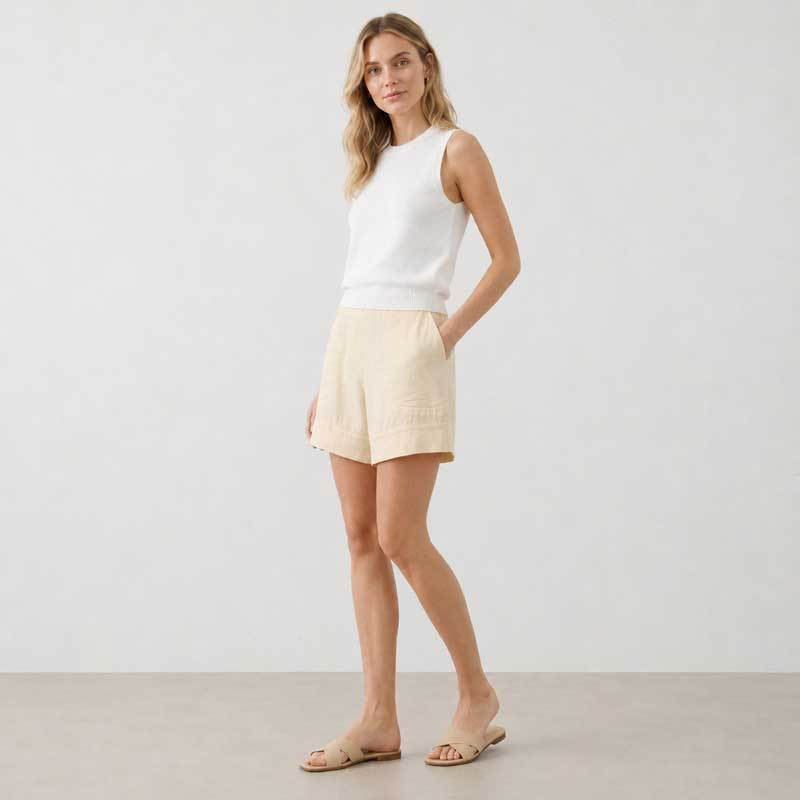 Beige High-Waisted Linen Casual Shorts