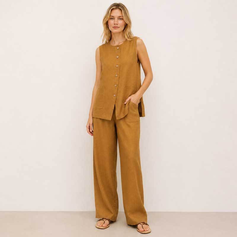 Camel Linen Sleeveless Two-Piece Set