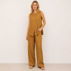 Camel Linen Sleeveless Two-Piece Set