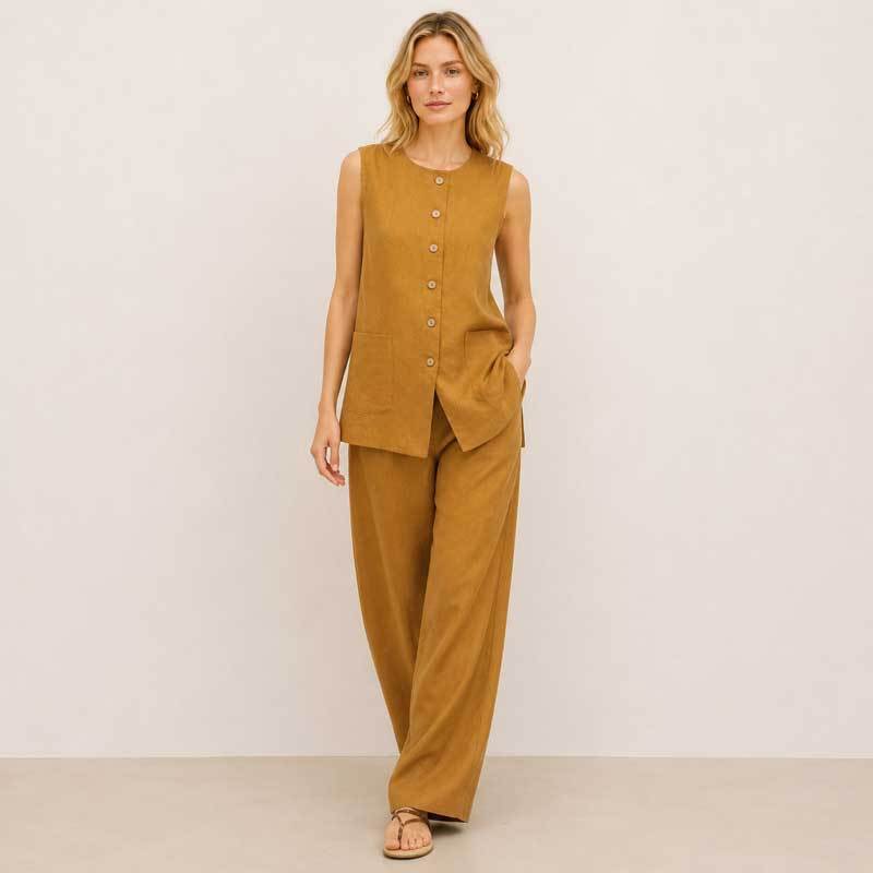 Camel Linen Sleeveless Two-Piece Set