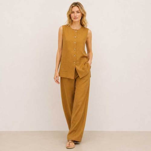 Camel Linen Sleeveless Two-Piece Set