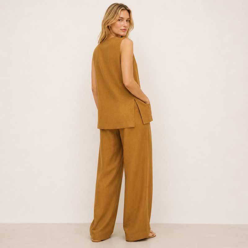Camel Linen Sleeveless Two-Piece Set