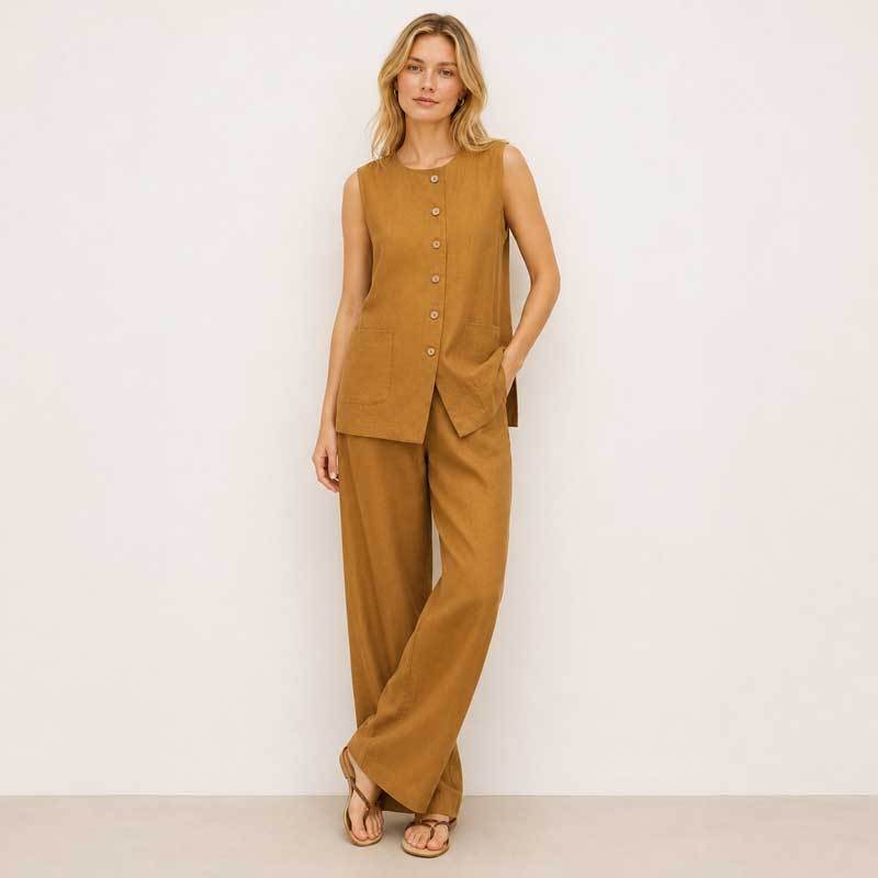 Camel Linen Sleeveless Two-Piece Set