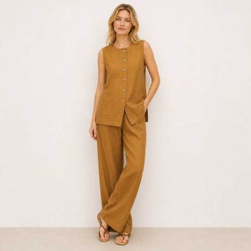 Camel Linen Sleeveless Two-Piece Set