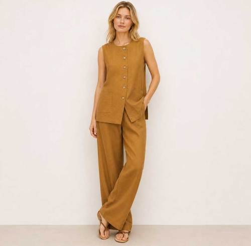 Camel Linen Sleeveless Two-Piece Set