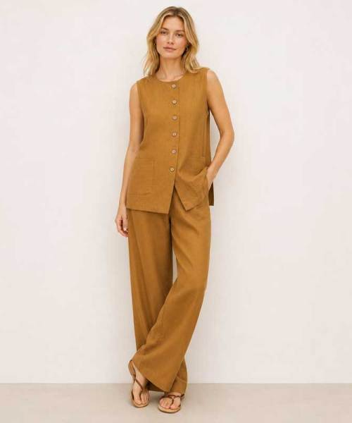 Camel Linen Sleeveless Two-Piece Set