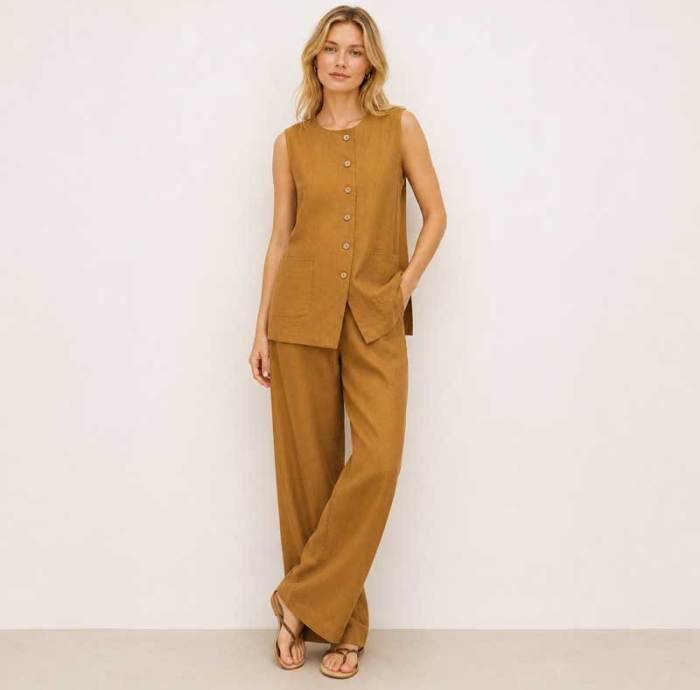 Camel Linen Sleeveless Two-Piece Set