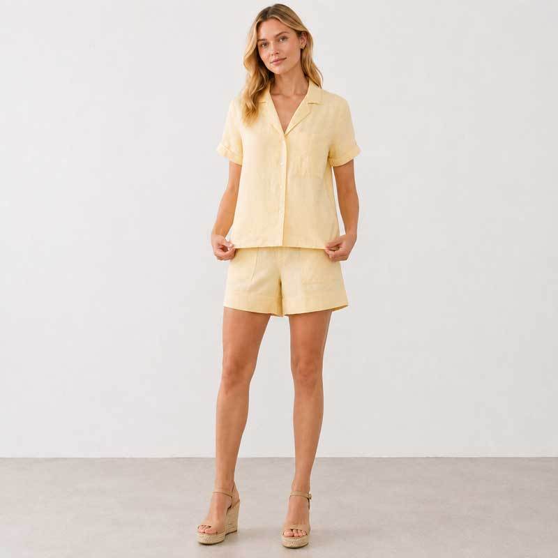 Soft Yellow Linen Short Sleeve Shirt & Shorts Set