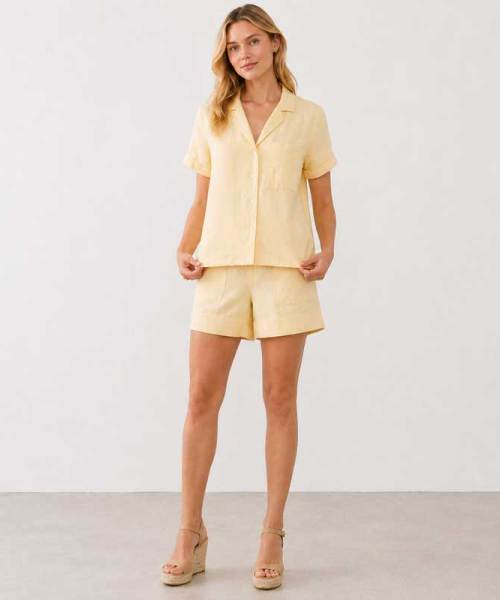 Soft Yellow Linen Short Sleeve Shirt & Shorts Set