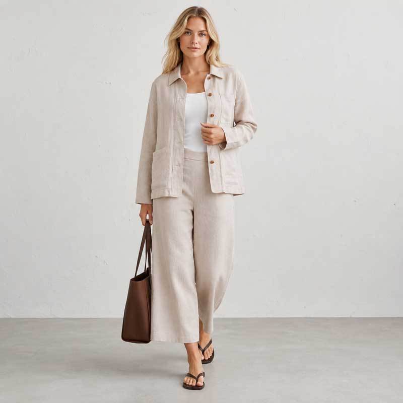Natural Beige Linen Jacket & Wide-Leg Pants Set