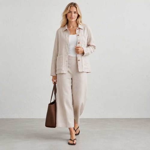 Natural Beige Linen Jacket & Wide-Leg Pants Set