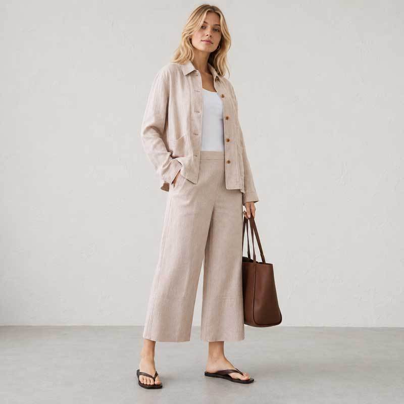 Natural Beige Linen Jacket & Wide-Leg Pants Set