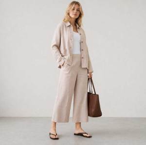 Natural Beige Linen Jacket & Wide-Leg Pants Set