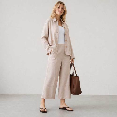 Natural Beige Linen Jacket & Wide-Leg Pants Set