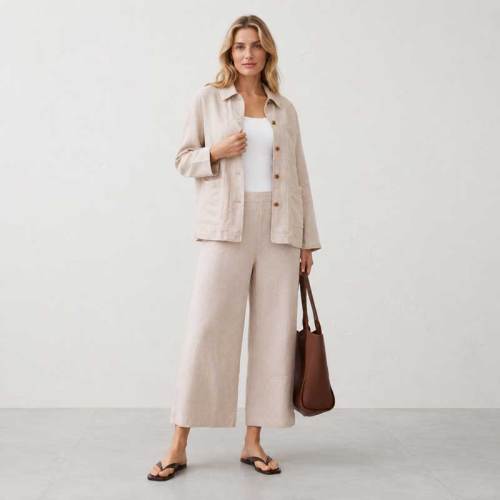 Natural Beige Linen Jacket & Wide-Leg Pants Set