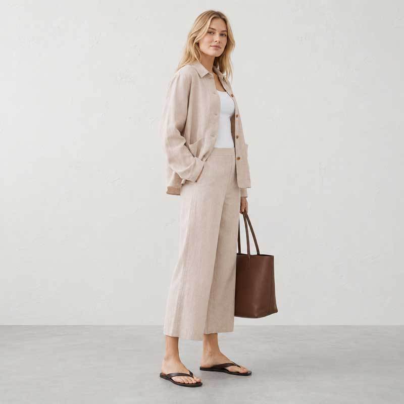 Natural Beige Linen Jacket & Wide-Leg Pants Set