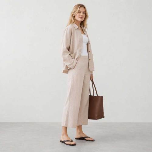 Natural Beige Linen Jacket & Wide-Leg Pants Set