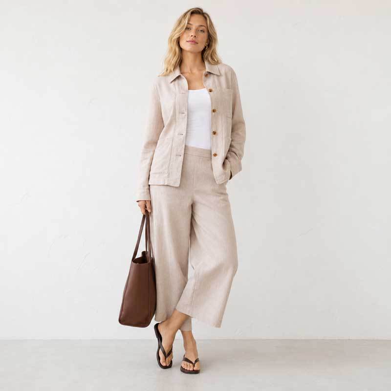 Natural Beige Linen Jacket & Wide-Leg Pants Set
