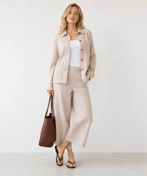 Natural Beige Linen Jacket & Wide-Leg Pants Set