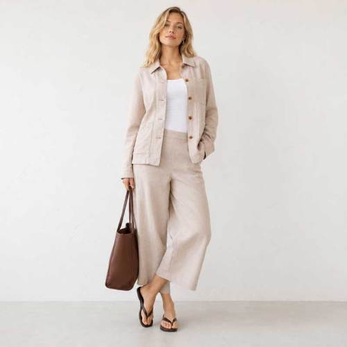 Natural Beige Linen Jacket & Wide-Leg Pants Set