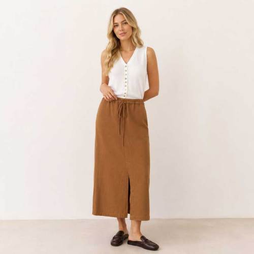 Camel Linen Drawstring Maxi Skirt
