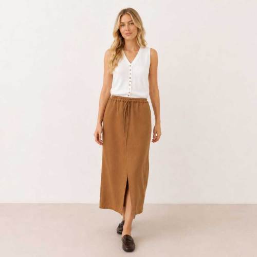 Camel Linen Drawstring Maxi Skirt