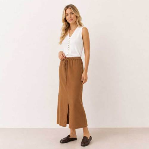 Camel Linen Drawstring Maxi Skirt
