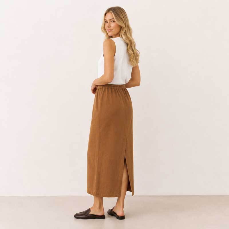 Camel Linen Drawstring Maxi Skirt