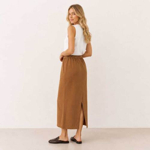Camel Linen Drawstring Maxi Skirt