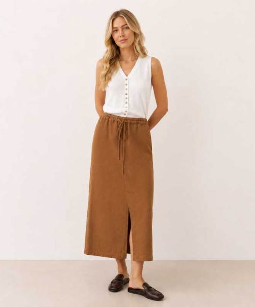Camel Linen Drawstring Maxi Skirt