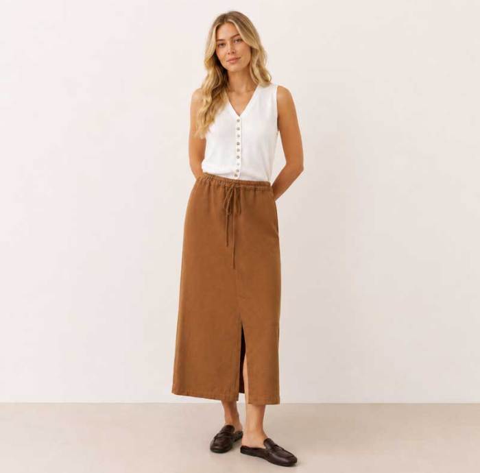 Camel Linen Drawstring Maxi Skirt