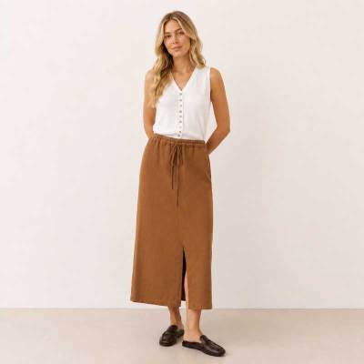 Camel Linen Drawstring Maxi Skirt