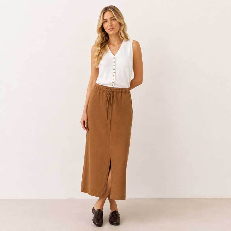 Camel Linen Drawstring Maxi Skirt