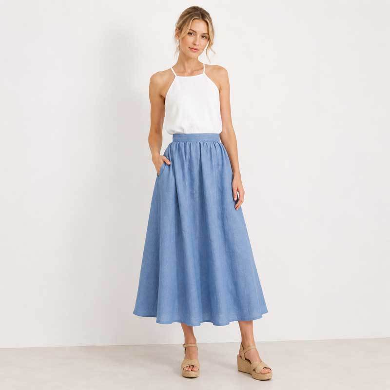 Sky Blue Linen A-Line Midi Skirt