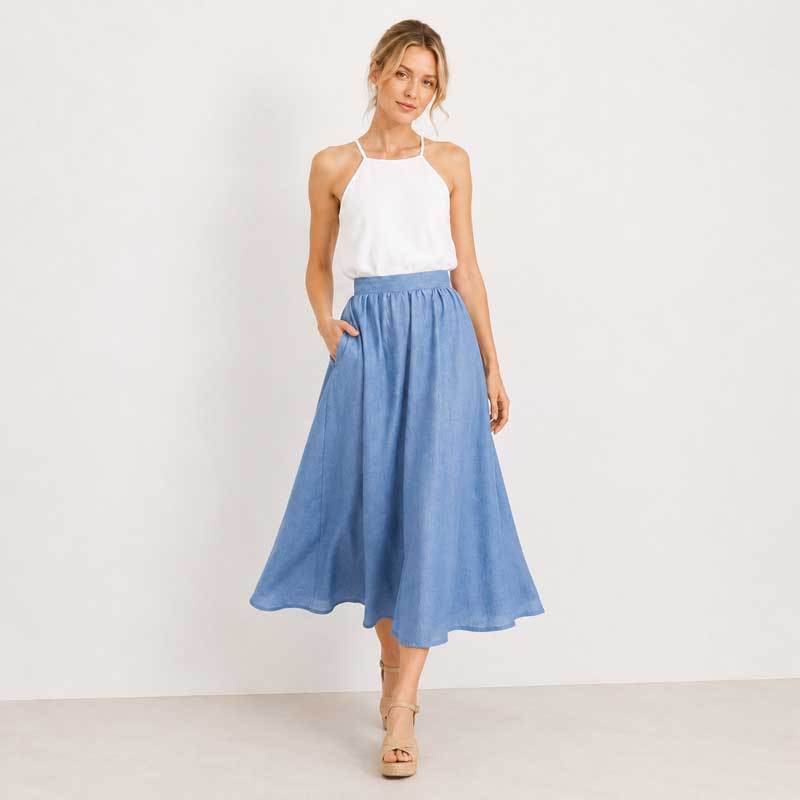 Sky Blue Linen A-Line Midi Skirt