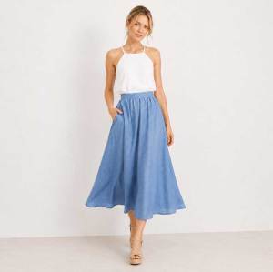 Sky Blue Linen A-Line Midi Skirt