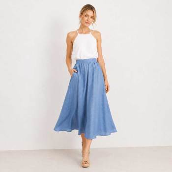Sky Blue Linen A-Line Midi Skirt