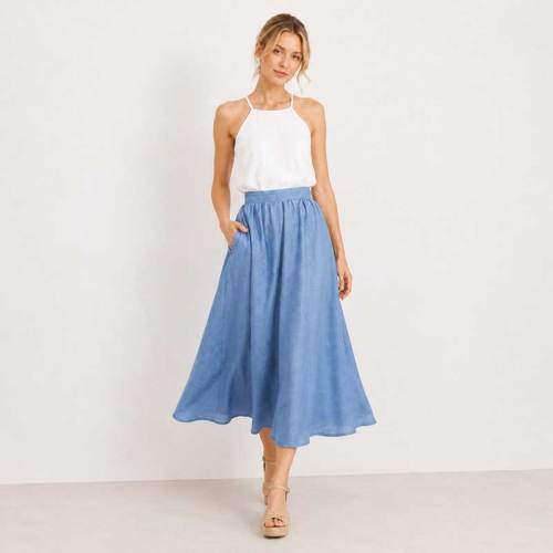 Sky Blue Linen A-Line Midi Skirt