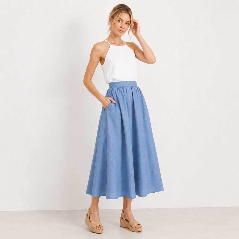 Sky Blue Linen A-Line Midi Skirt